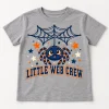 Front flat lay of Heather gray Little Web Crew kids family spider shirt with blue orange and cream spider graphic