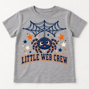 Front flat lay of Heather gray Little Web Crew kids family spider shirt with blue orange and cream spider graphic