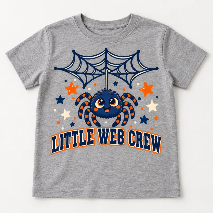 Front flat lay of Heather gray Little Web Crew kids family spider shirt with blue orange and cream spider graphic