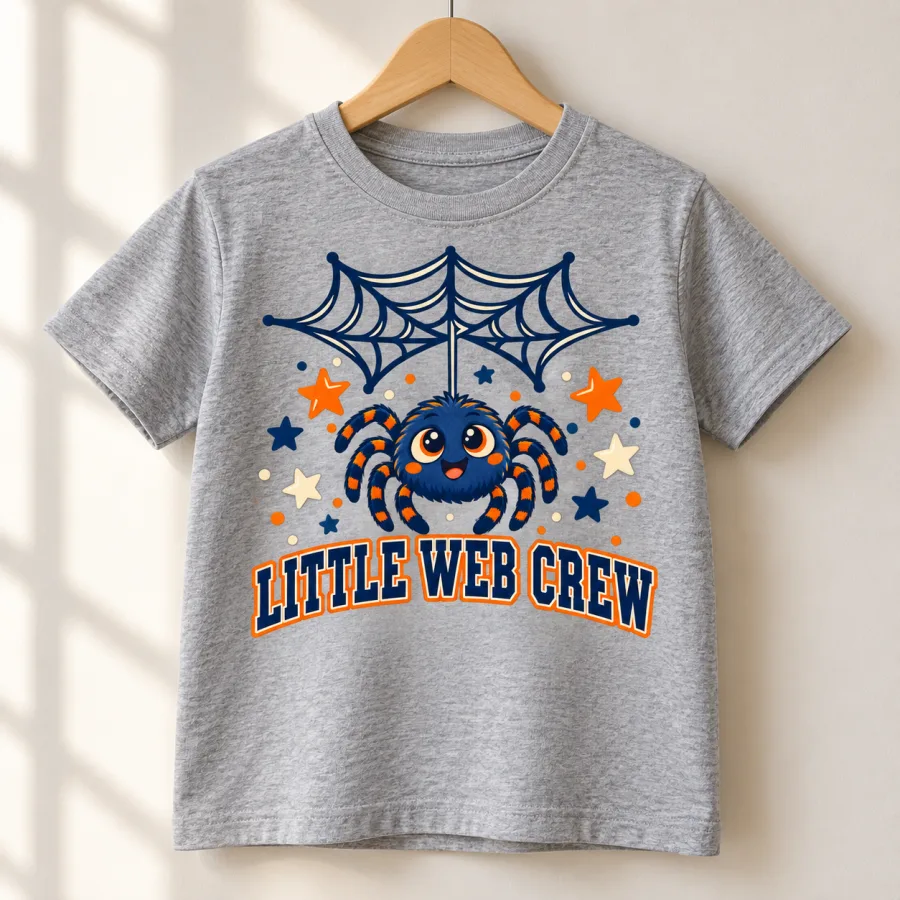 Heather gray Little Web Crew kids family spider shirt hanging on a wooden hanger with front artwork visible
