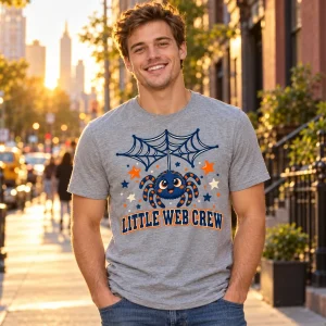 Lifestyle photo of a man wearing the Heather gray Little Web Crew kids family spider shirt outdoors