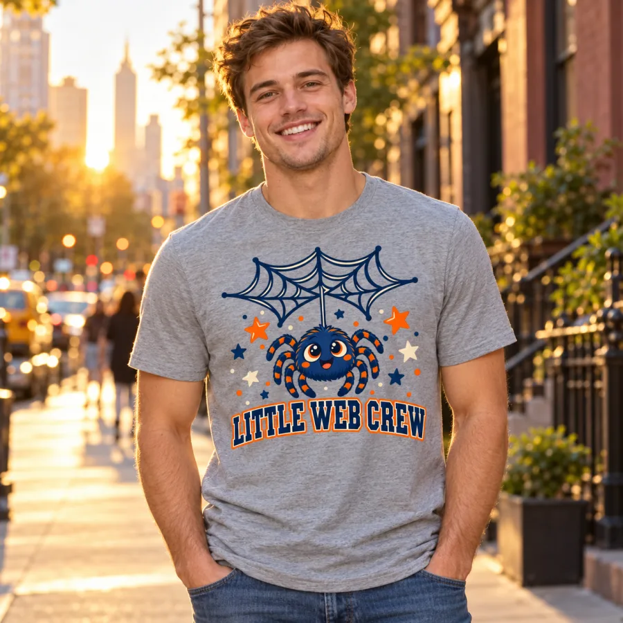 Lifestyle photo of a man wearing the Heather gray Little Web Crew kids family spider shirt outdoors