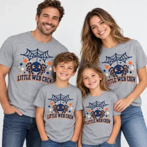 Family wearing matching Heather gray Little Web Crew kids family spider shirts with colorful hanging spider print
