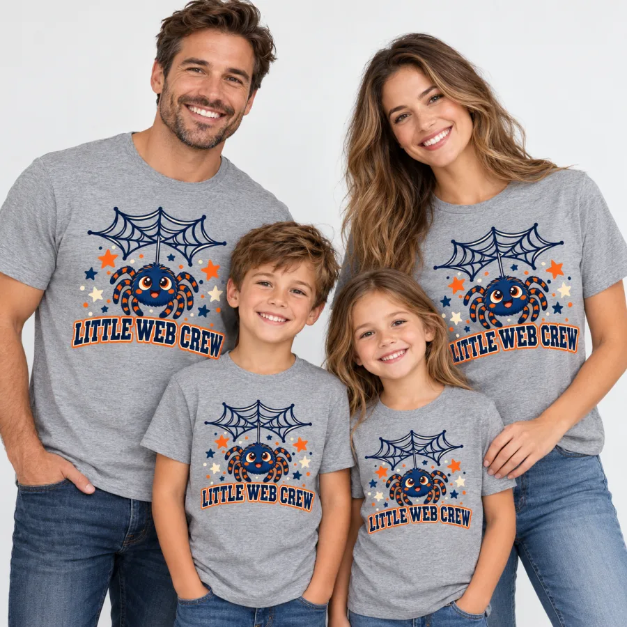 Family wearing matching Heather gray Little Web Crew kids family spider shirts with colorful hanging spider print