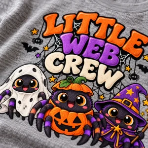 Close-up of Little Web Crew print showing orange purple and cream lettering and detailed costumed cartoon spiders