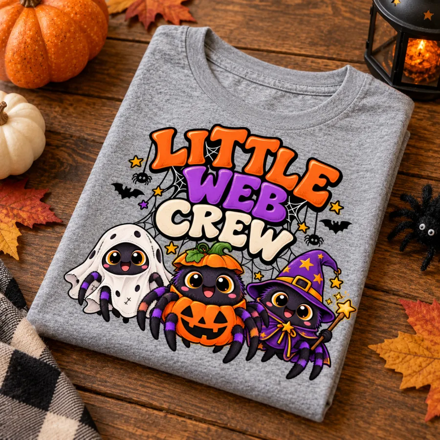 Folded Heather gray Little Web Crew halloween spider kids shirt on a wooden table with seasonal Halloween props