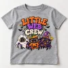 Front flat lay of Heather gray Little Web Crew halloween spider kids shirt showing ghost, pumpkin and wizard spider artwork