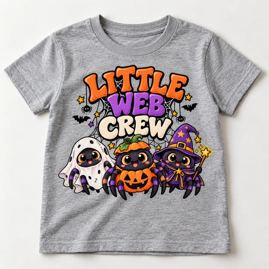 Front flat lay of Heather gray Little Web Crew halloween spider kids shirt showing ghost, pumpkin and wizard spider artwork