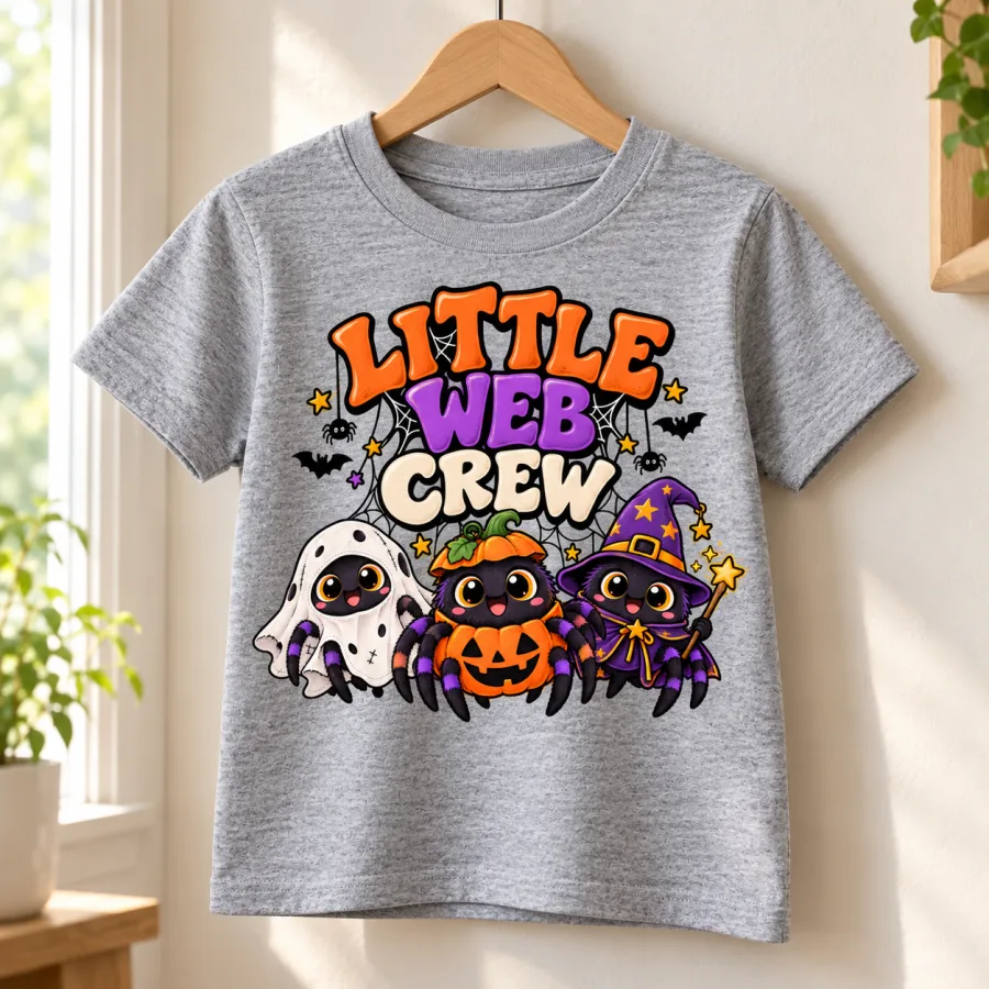 Heather gray Little Web Crew kids tee hanging on a natural wooden hanger with Halloween spider print centered