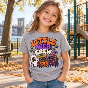 Lifestyle photo of a child wearing the Heather gray Little Web Crew halloween spider kids shirt outdoors in warm fall light