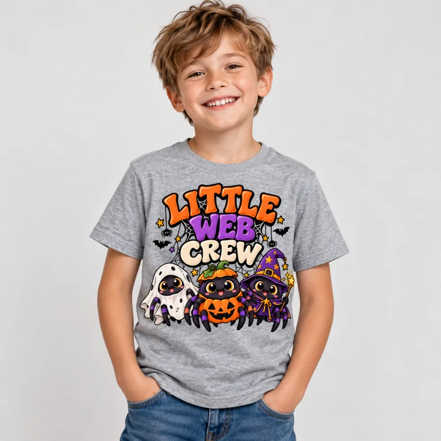 Child model wearing Heather gray Little Web Crew halloween spider kids shirt with colorful front graphic clearly visible