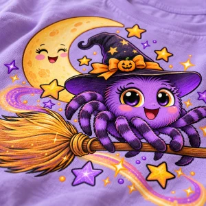 Close-up of Little Witch Crawler print on Lavender fabric showing purple spider, witch hat, broom, moon, and star details