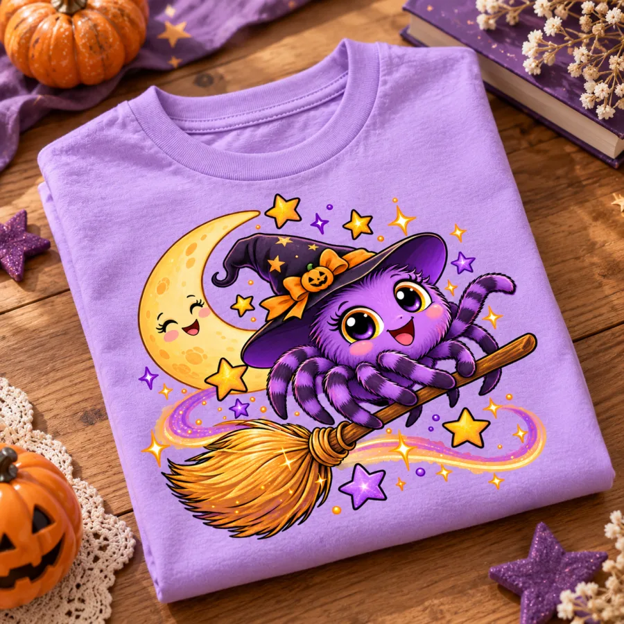 Folded Lavender Kids tee displaying the Little Witch Crawler purple spider riding a broom beneath stars and moon