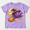Front flat lay of Lavender Kids tee with Little Witch Crawler purple witch spider, broom, stars, and crescent moon artwork