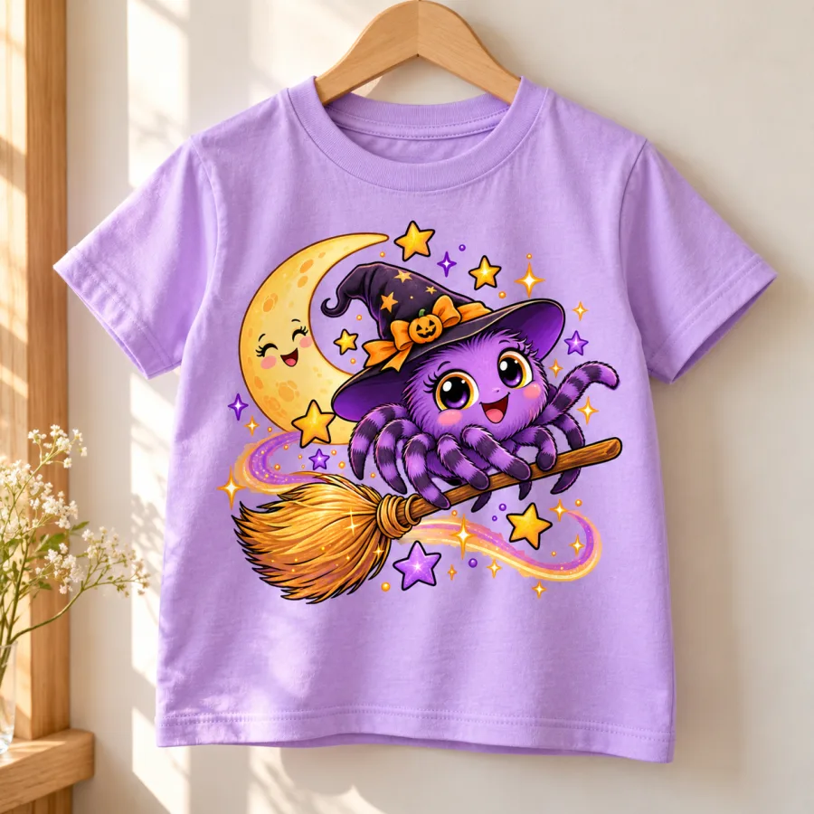 Lavender Kids Little Witch Crawler tee hanging on a wooden hanger with purple spider witch and crescent moon print