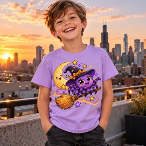 Lifestyle view of a child wearing the Lavender Little Witch Crawler witch spider shirt kids tee with colorful front artwork