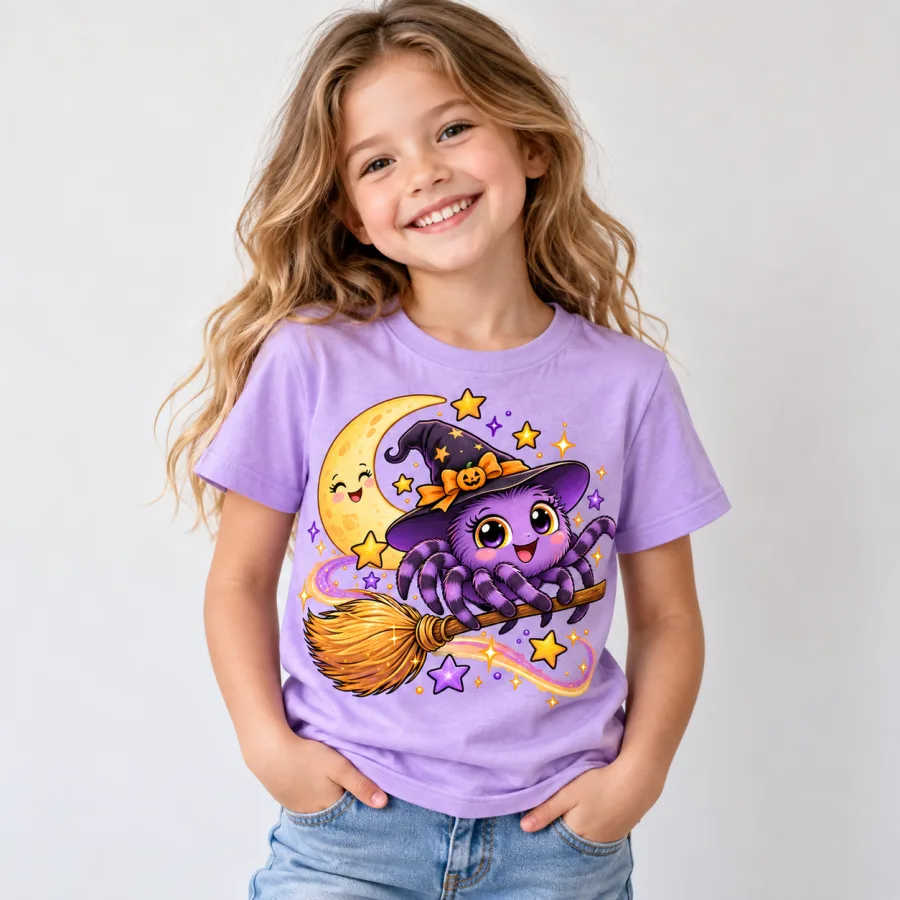 Young model wearing Lavender Little Witch Crawler witch spider shirt kids tee with colorful front graphic clearly visible