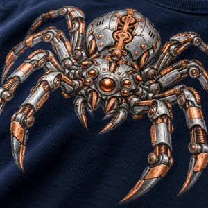 Close-up of Mechanical Spider print showing steel-gray and copper-look details on textured navy cotton fabric
