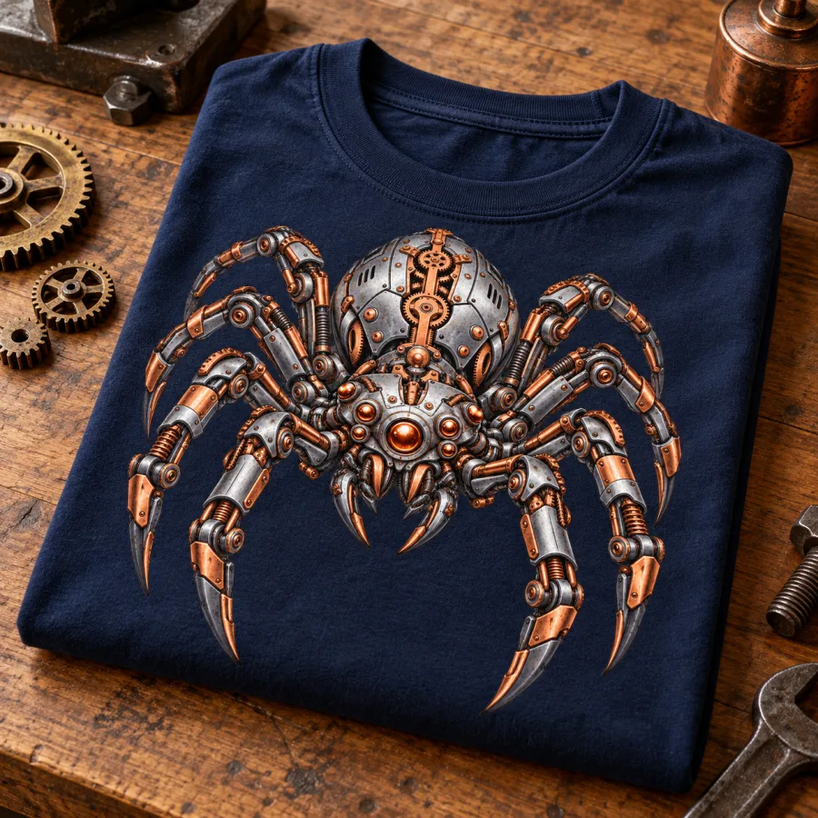 Folded navy Mechanical Spider shirt on a wooden table with gears and industrial-inspired props