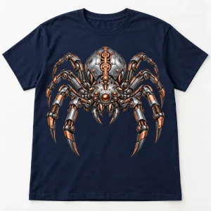 Front flat lay of navy heavyweight Mechanical Spider shirt with steel-gray and copper-look robotic spider print