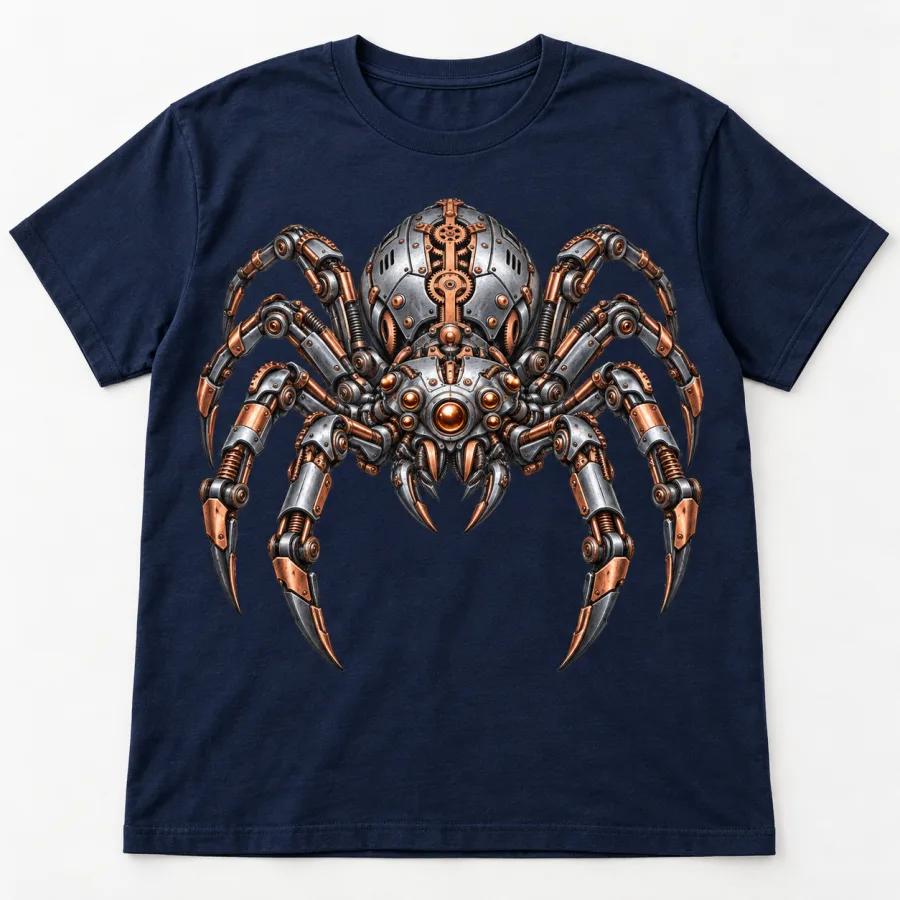 Front flat lay of navy heavyweight Mechanical Spider shirt with steel-gray and copper-look robotic spider print