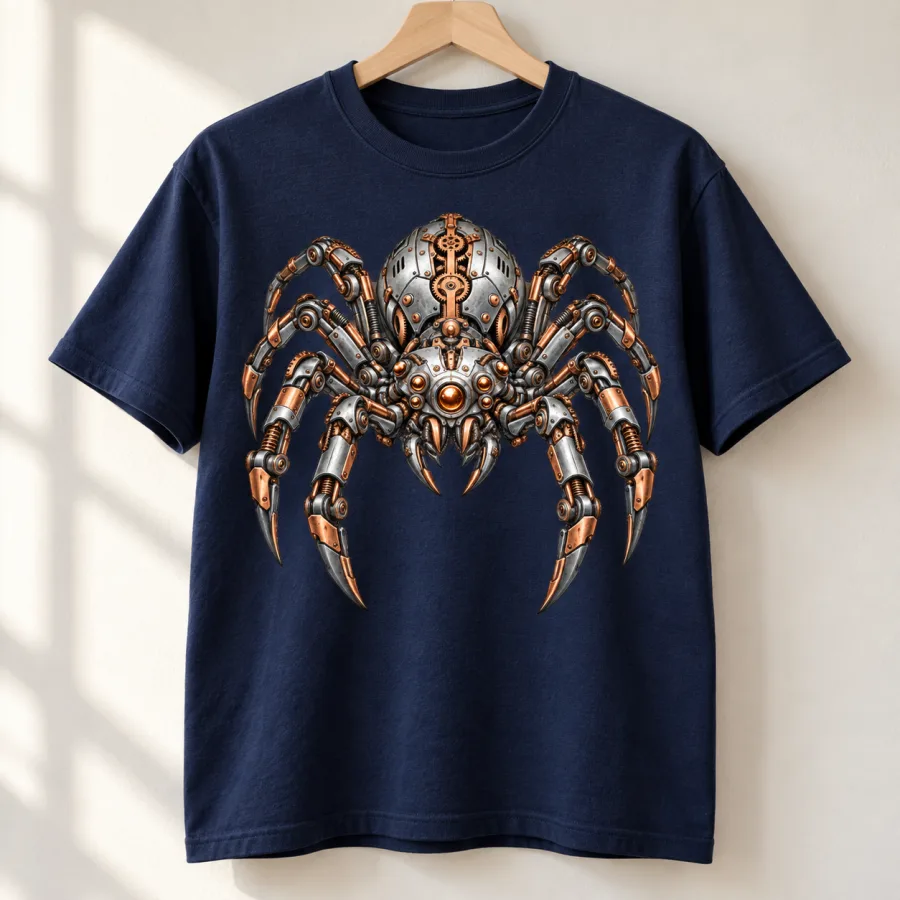 Navy heavyweight Mechanical Spider shirt on a wooden hanger with the full industrial spider artwork visible