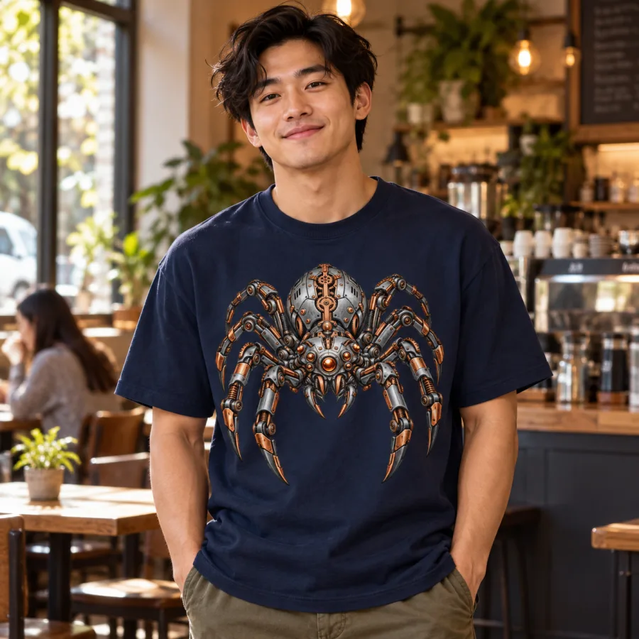 Asian American man wearing the navy Mechanical Spider shirt in a warmly lit coffee shop