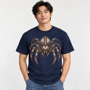 Asian American man wearing navy Mechanical Spider shirt with detailed robotic spider graphic on the chest