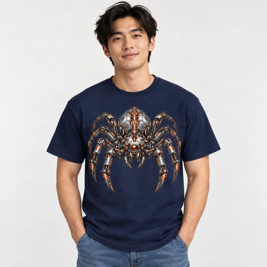 Asian American man wearing navy Mechanical Spider shirt with detailed robotic spider graphic on the chest