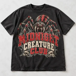 Front flat lay of washed black Midnight Creature Club vintage spider shirt