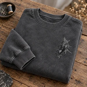 Close-up of tonal black embroidered-look spider and web stitches