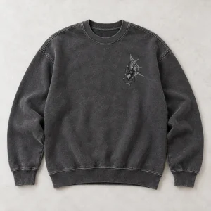 Front flat lay of washed charcoal Midnight Embroidery minimal spider sweatshirt