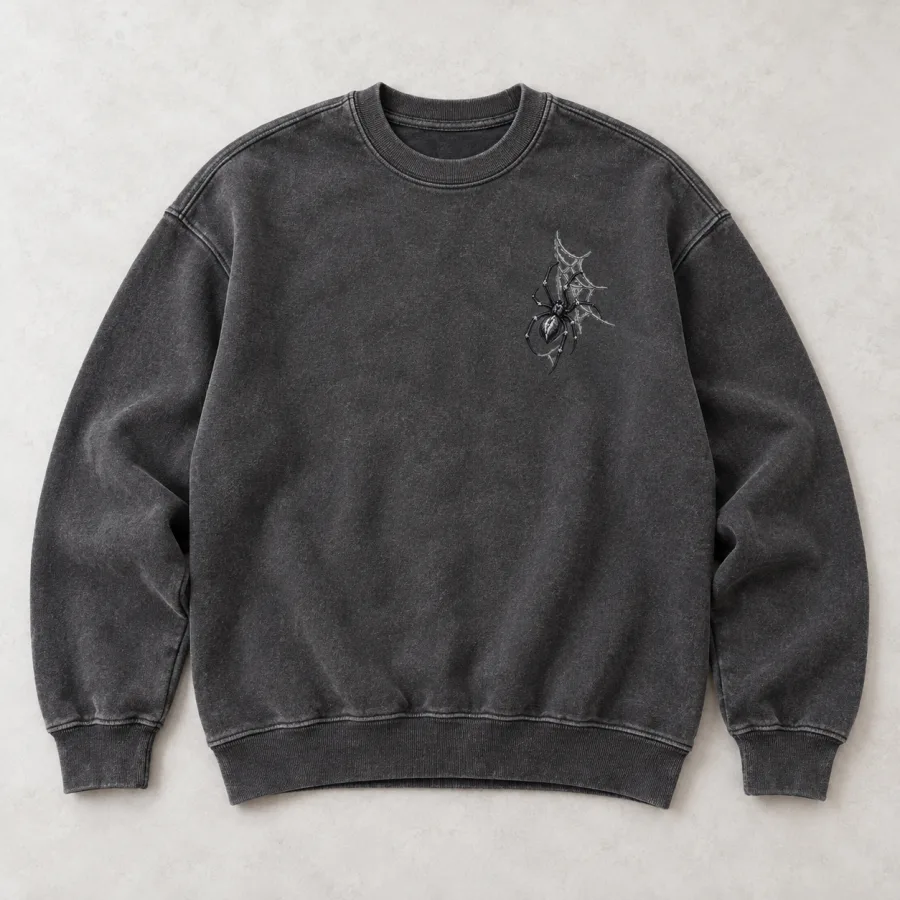 Front flat lay of washed charcoal Midnight Embroidery minimal spider sweatshirt