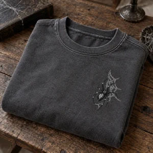 Man in Midnight Embroidery sweatshirt reading by a window in a quiet apartment