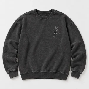 Model wearing washed charcoal Midnight Embroidery crewneck