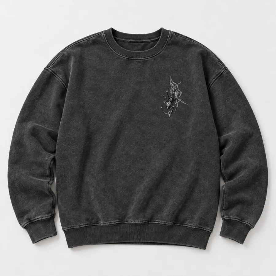Model wearing washed charcoal Midnight Embroidery crewneck