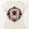 Front flat lay of cream women's fitted Midnight Lace Spider gothic spider shirt with black and burgundy chest artwork