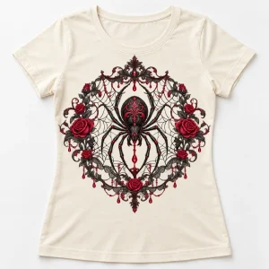 Front flat lay of cream women's fitted Midnight Lace Spider gothic spider shirt with black and burgundy chest artwork