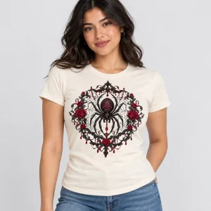 Woman wearing cream Midnight Lace Spider gothic spider shirt with ornate black spider, roses and lace-inspired web design