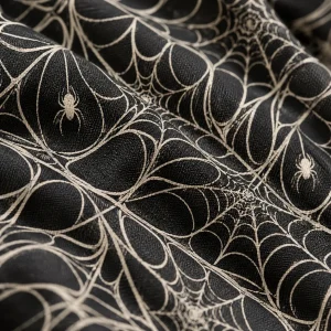 Close-up of Midnight Orb Repeat fabric showing crisp cream spider web line art and tiny spiders on black
