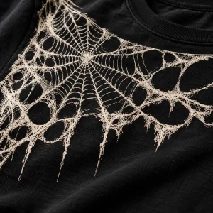 Close-up of Midnight Orb Web bone-white print showing distressed linework and black cotton texture