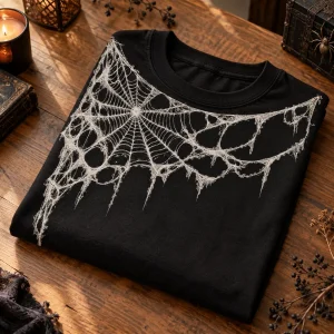 Folded black Midnight Orb Web spider web shirt displaying distressed web artwork on top