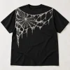 Front flat lay of black Midnight Orb Web spider web shirt with distressed bone-white web print