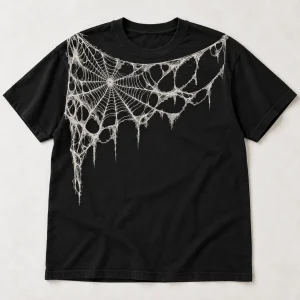 Front flat lay of black Midnight Orb Web spider web shirt with distressed bone-white web print