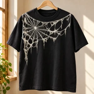 Black Midnight Orb Web heavyweight tee on wooden hanger showing bone-white spider web print