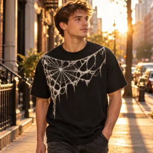 Lifestyle photo of model wearing Midnight Orb Web spider web shirt on a sunny New York City street