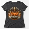 Front flat lay of charcoal women's Midnight Pumpkin Society aesthetic Halloween spider shirt with cream and burnt orange artwork