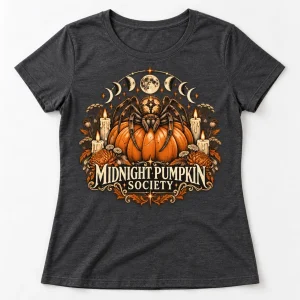 Front flat lay of charcoal women's Midnight Pumpkin Society aesthetic Halloween spider shirt with cream and burnt orange artwork