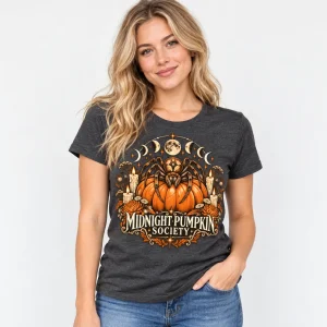 Woman wearing charcoal Midnight Pumpkin Society spider and pumpkin Halloween graphic tee from the front