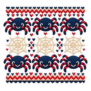 Close-up of faux-knit smiling spiders and webs in cream and red